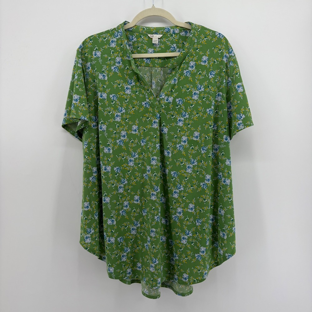 Cato Womens 18/20W Green Floral Split Neck Short Sleeve High Low Blouse Top